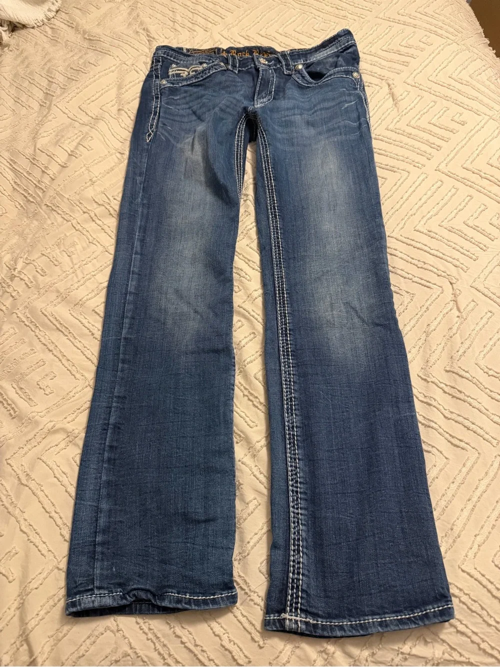 Rock Revival men’s Blue Bootcut Jeans with Embroidered Back Pockets